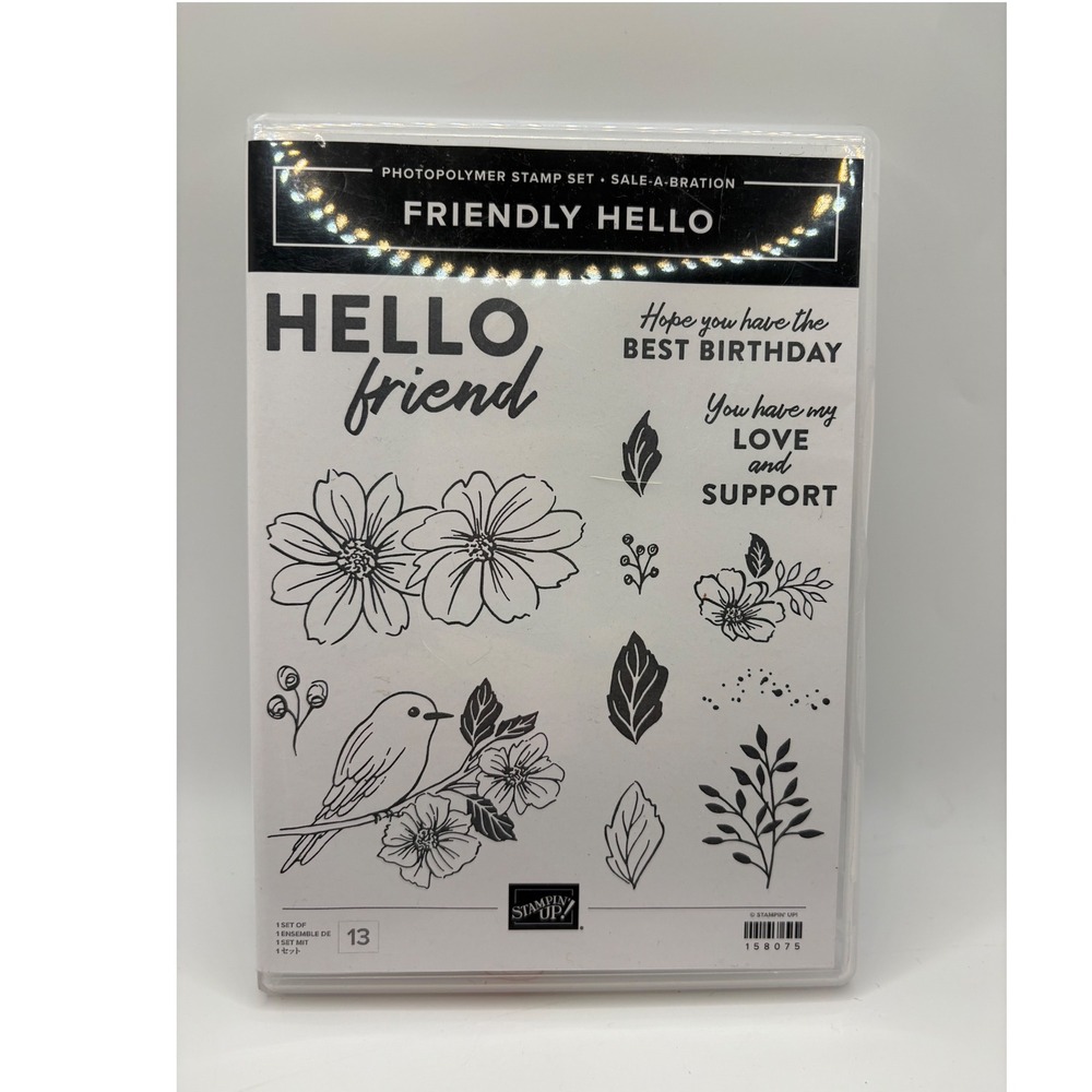 Stampin Up RETIRED Friendly Hello Photopolymer Stamp Set Floral Bird 13pc Good